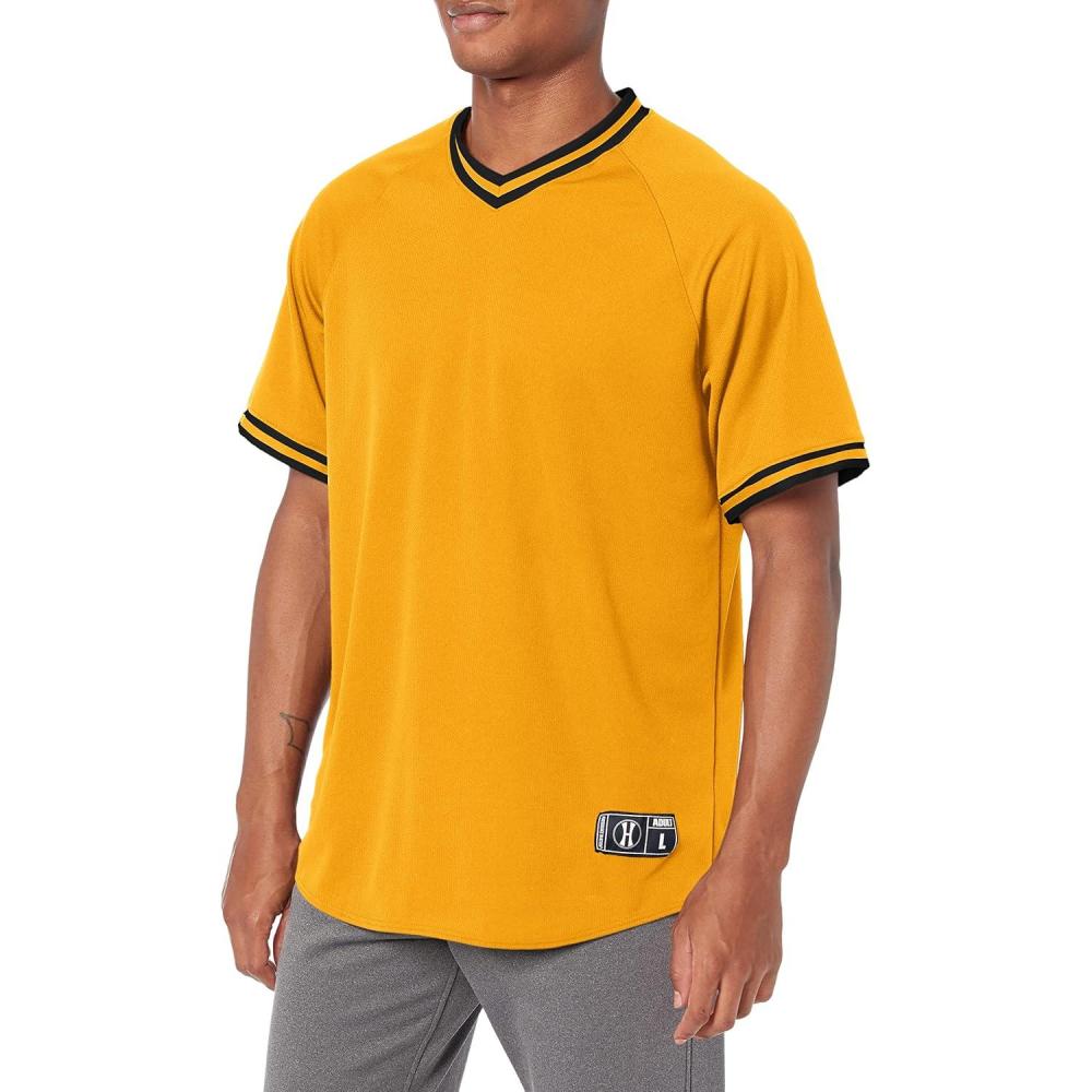 imageHolloway Retro VNeck Mens Baseball JerseyLight Gold Black